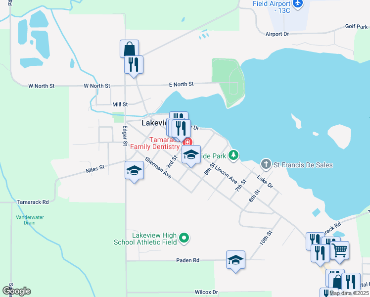 map of restaurants, bars, coffee shops, grocery stores, and more near 418 Washington Street in Lakeview