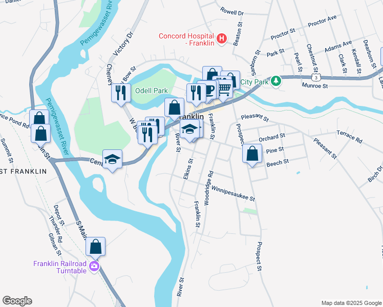 map of restaurants, bars, coffee shops, grocery stores, and more near 31 Elkins Street in Franklin
