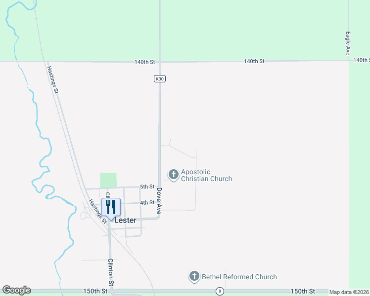 map of restaurants, bars, coffee shops, grocery stores, and more near 504 Prairie Lane in Lester