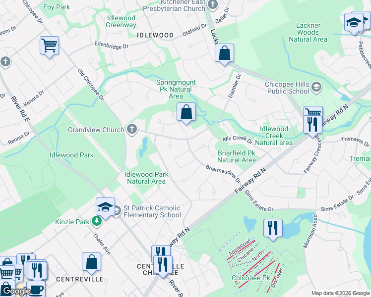 map of restaurants, bars, coffee shops, grocery stores, and more near 209 Briarmeadow Drive in Kitchener