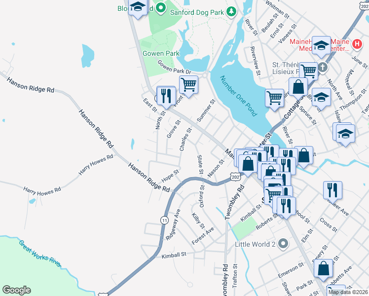 map of restaurants, bars, coffee shops, grocery stores, and more near 33 Charles Street in Sanford