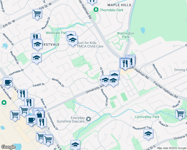 map of restaurants, bars, coffee shops, grocery stores, and more near 469 Bolingbrooke Place in Waterloo