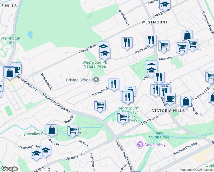 map of restaurants, bars, coffee shops, grocery stores, and more near 198 Hazelglen Drive in Kitchener