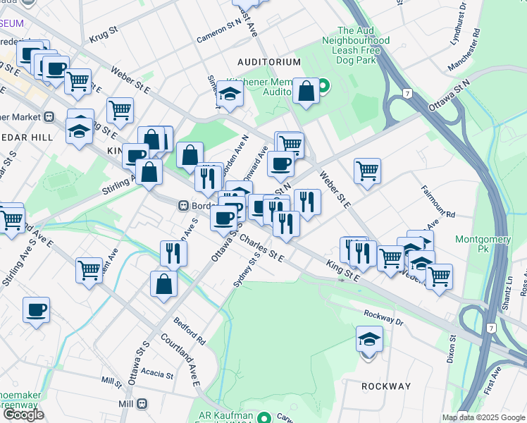map of restaurants, bars, coffee shops, grocery stores, and more near 1158 King Street East in Kitchener