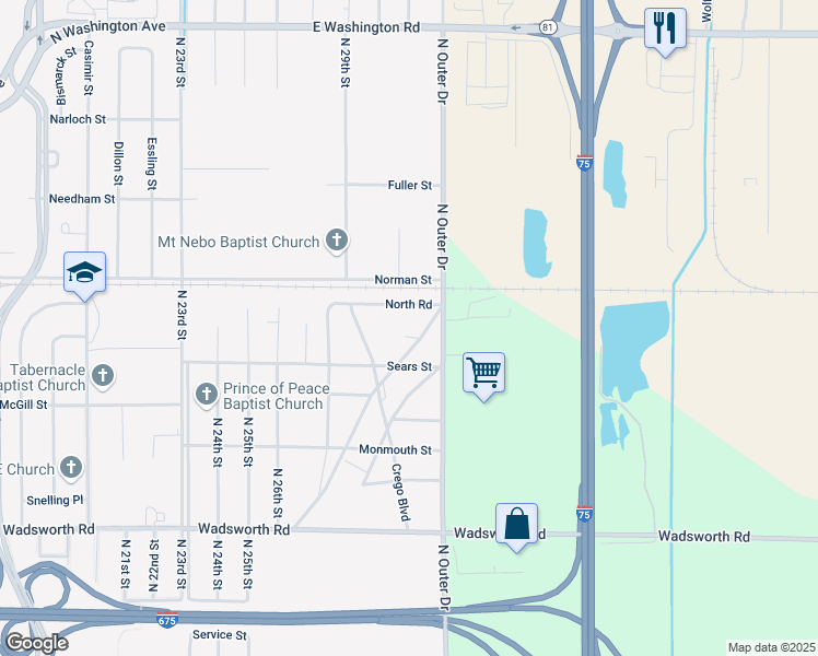 map of restaurants, bars, coffee shops, grocery stores, and more near 919 Kinney Boulevard in Saginaw