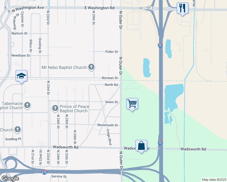 map of restaurants, bars, coffee shops, grocery stores, and more near 919 Kinney Boulevard in Saginaw
