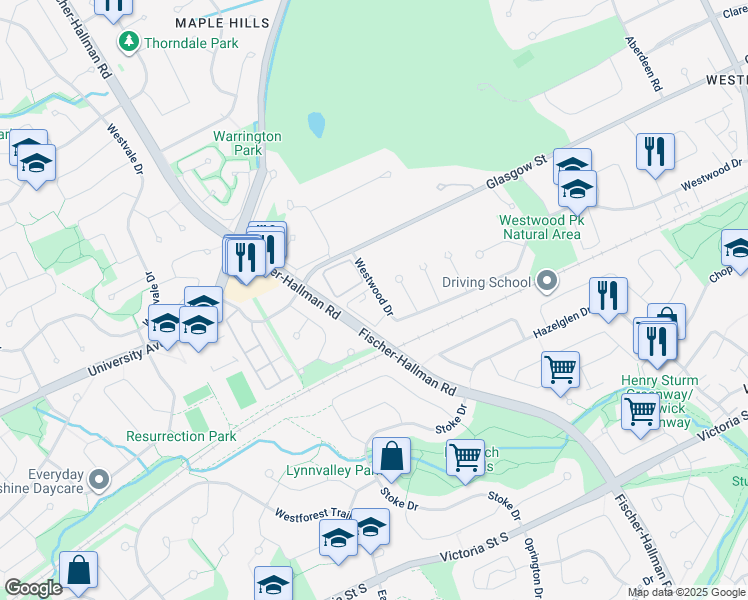 map of restaurants, bars, coffee shops, grocery stores, and more near 367 Westwood Drive in Kitchener