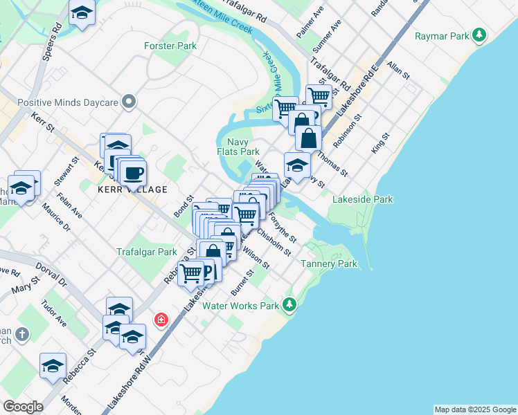 map of restaurants, bars, coffee shops, grocery stores, and more near 22 Lakeshore Road West in Oakville