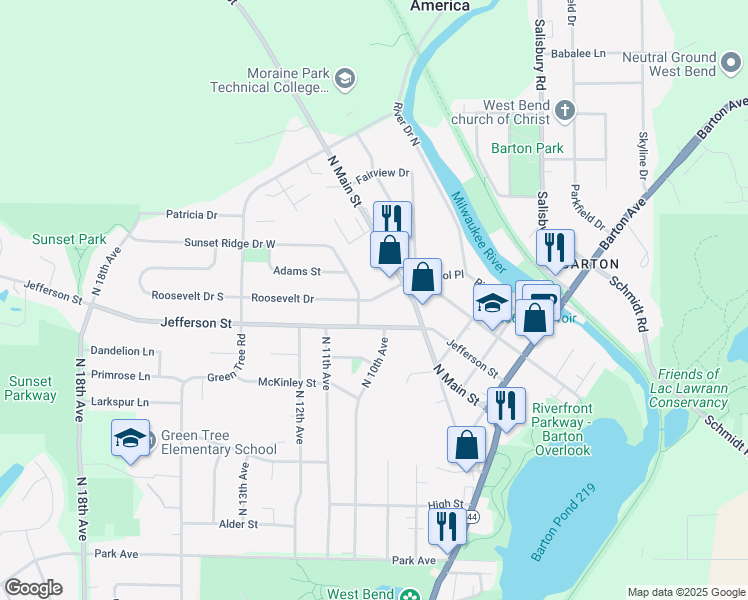 map of restaurants, bars, coffee shops, grocery stores, and more near Roosevelt Drive in West Bend