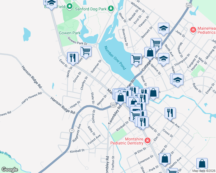 map of restaurants, bars, coffee shops, grocery stores, and more near 5 Pleasant Avenue in Sanford