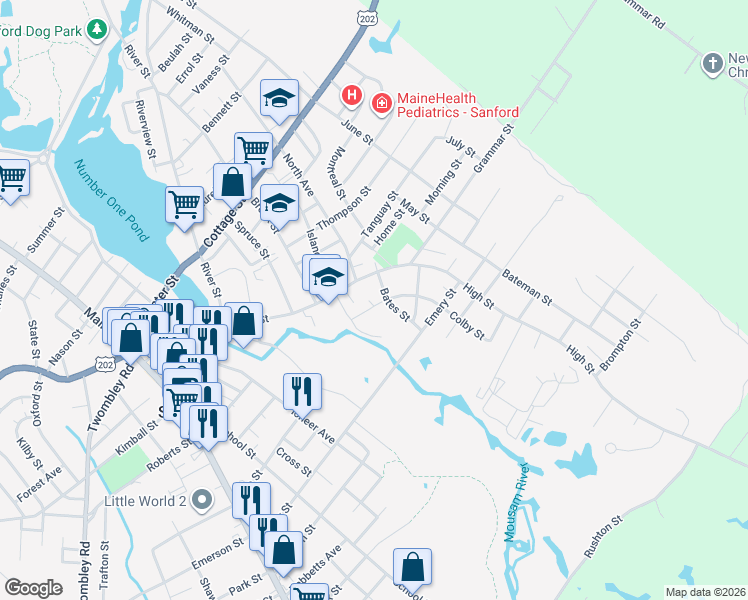 map of restaurants, bars, coffee shops, grocery stores, and more near 71 High Street in Sanford
