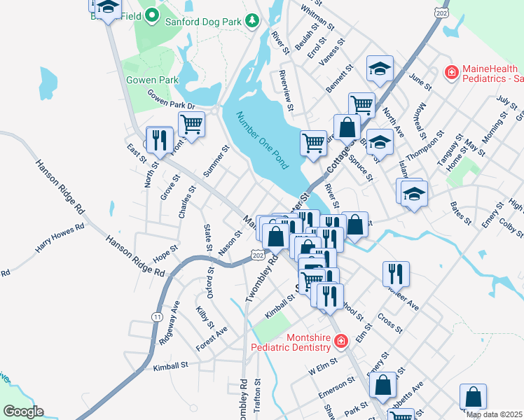 map of restaurants, bars, coffee shops, grocery stores, and more near 5 Pleasant Avenue in Sanford