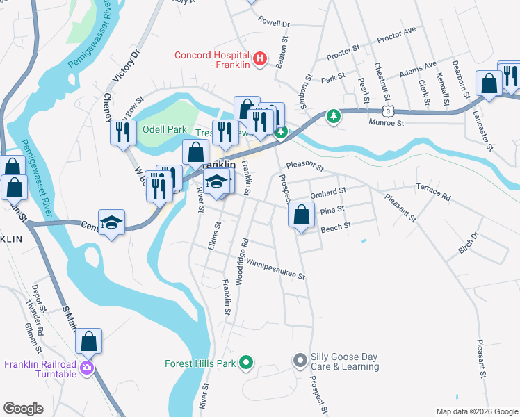 map of restaurants, bars, coffee shops, grocery stores, and more near 35 Spring Street in Franklin