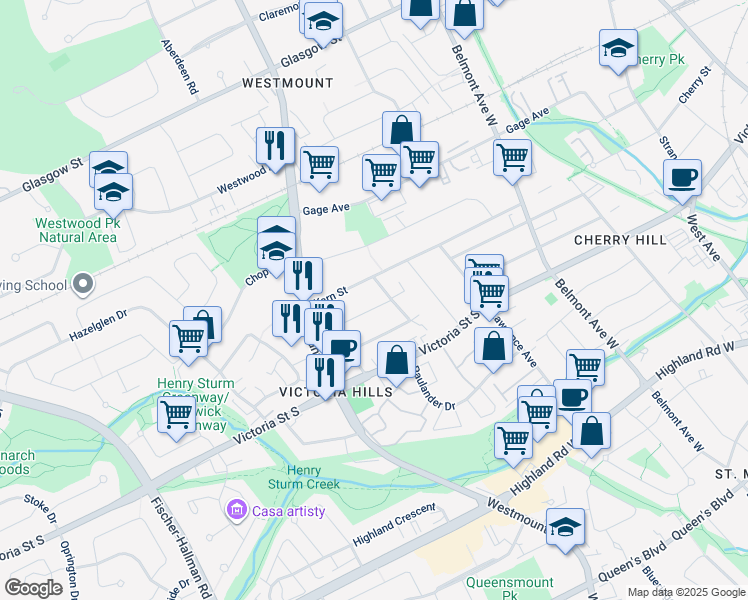 map of restaurants, bars, coffee shops, grocery stores, and more near 466 Karn Street in Kitchener