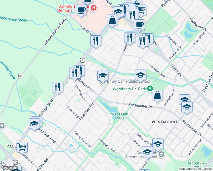 map of restaurants, bars, coffee shops, grocery stores, and more near Pine Glen Road in Oakville