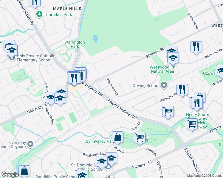 map of restaurants, bars, coffee shops, grocery stores, and more near 397 Westwood Drive in Kitchener