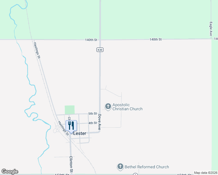 map of restaurants, bars, coffee shops, grocery stores, and more near 504 Prairie Lane in Lester