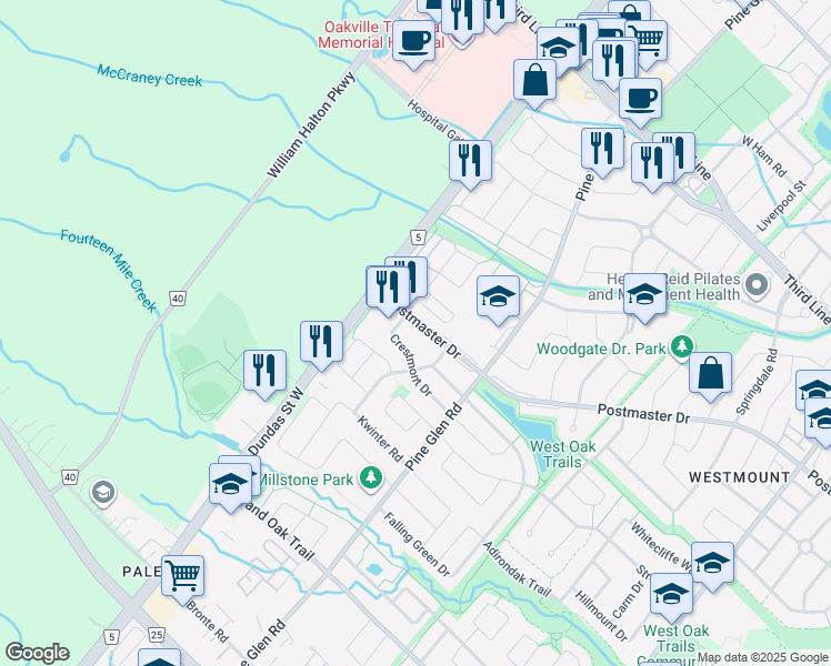 map of restaurants, bars, coffee shops, grocery stores, and more near 2533 Postmaster Drive in Oakville