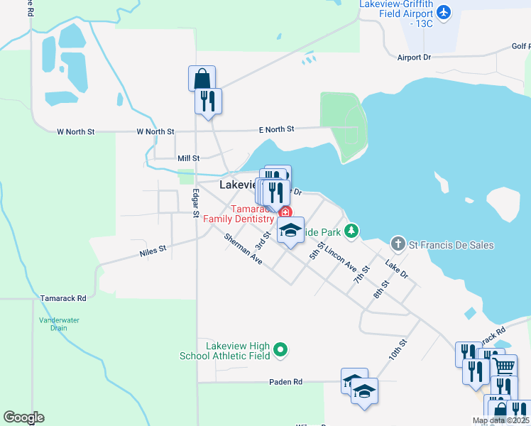map of restaurants, bars, coffee shops, grocery stores, and more near 229 North Lincoln Avenue in Lakeview