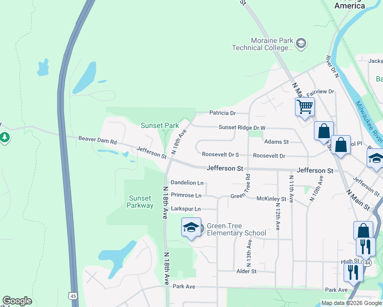 map of restaurants, bars, coffee shops, grocery stores, and more near 1529 Roosevelt Drive North in West Bend