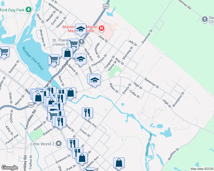 map of restaurants, bars, coffee shops, grocery stores, and more near 71 High Street in Sanford