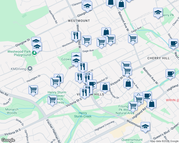 map of restaurants, bars, coffee shops, grocery stores, and more near 187 Brybeck Crescent in Kitchener