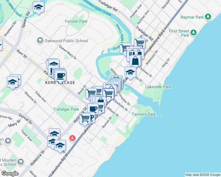 map of restaurants, bars, coffee shops, grocery stores, and more near 6 John Street in Oakville
