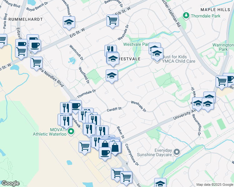 map of restaurants, bars, coffee shops, grocery stores, and more near in Waterloo
