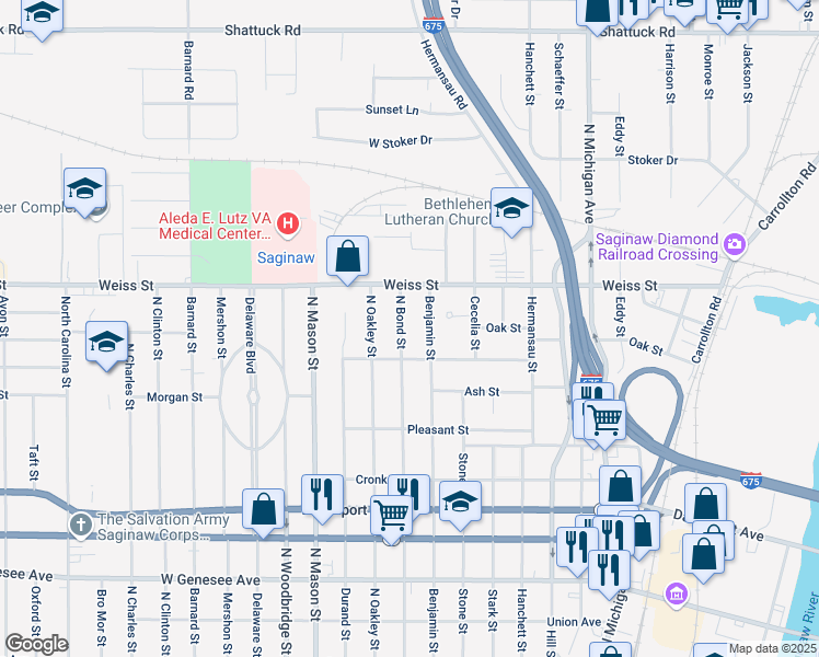 map of restaurants, bars, coffee shops, grocery stores, and more near 2549 Benjamin Street in Saginaw