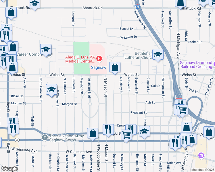 map of restaurants, bars, coffee shops, grocery stores, and more near 2549 North Mason Street in Saginaw