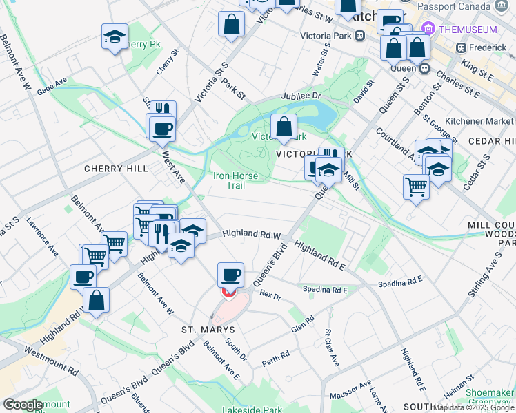 map of restaurants, bars, coffee shops, grocery stores, and more near 69 Homewood Avenue in Kitchener