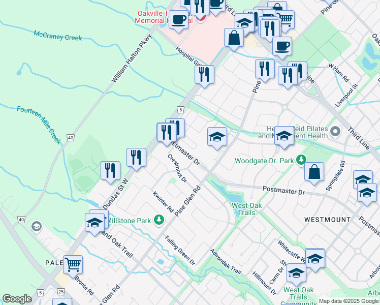 map of restaurants, bars, coffee shops, grocery stores, and more near 2491 Postmaster Drive in Oakville