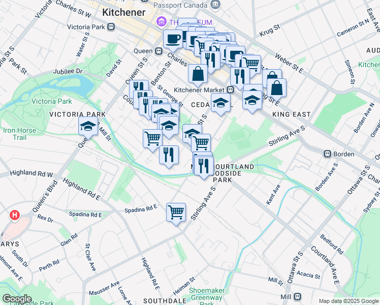 map of restaurants, bars, coffee shops, grocery stores, and more near 165 Courtland Avenue East in Kitchener