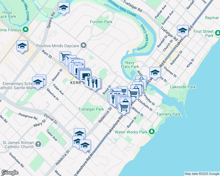 map of restaurants, bars, coffee shops, grocery stores, and more near 50 Bond Street in Oakville