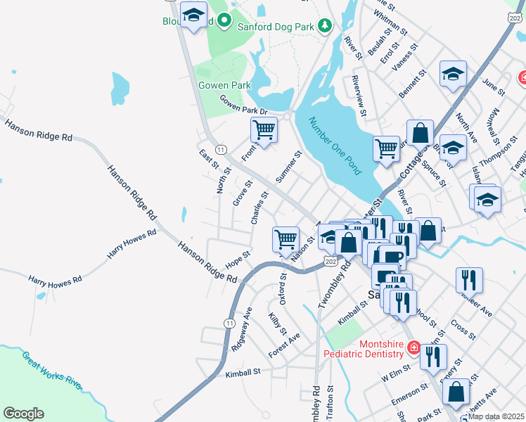 map of restaurants, bars, coffee shops, grocery stores, and more near 821 Main Street in Sanford