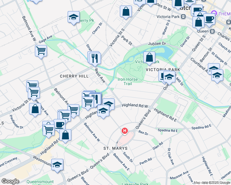 map of restaurants, bars, coffee shops, grocery stores, and more near 161 Homewood Avenue in Kitchener