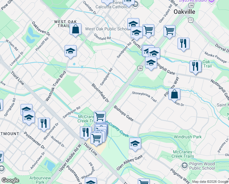 map of restaurants, bars, coffee shops, grocery stores, and more near 1362 Brookstar Drive in Oakville