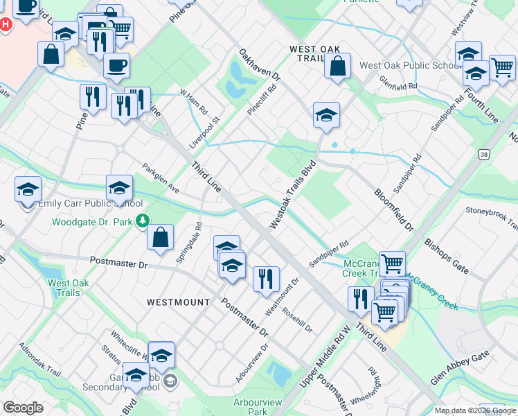 map of restaurants, bars, coffee shops, grocery stores, and more near 2295 Kingfisher Court in Oakville