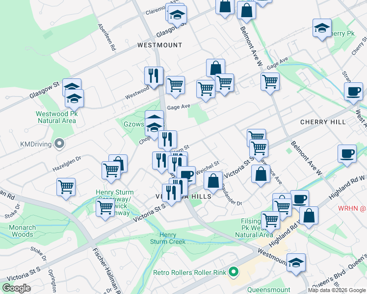 map of restaurants, bars, coffee shops, grocery stores, and more near 187 Brybeck Crescent in Kitchener