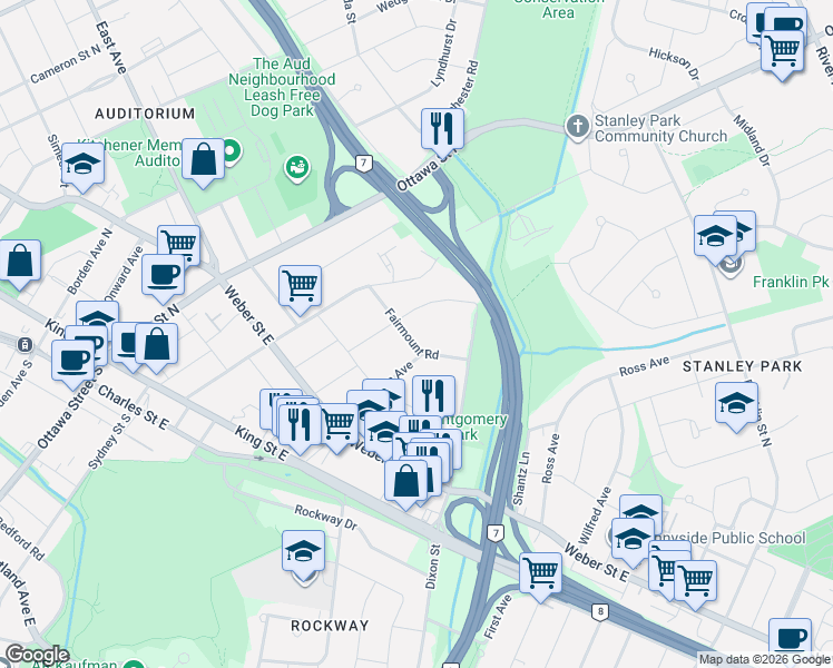 map of restaurants, bars, coffee shops, grocery stores, and more near 68 Fairmount Road in Kitchener