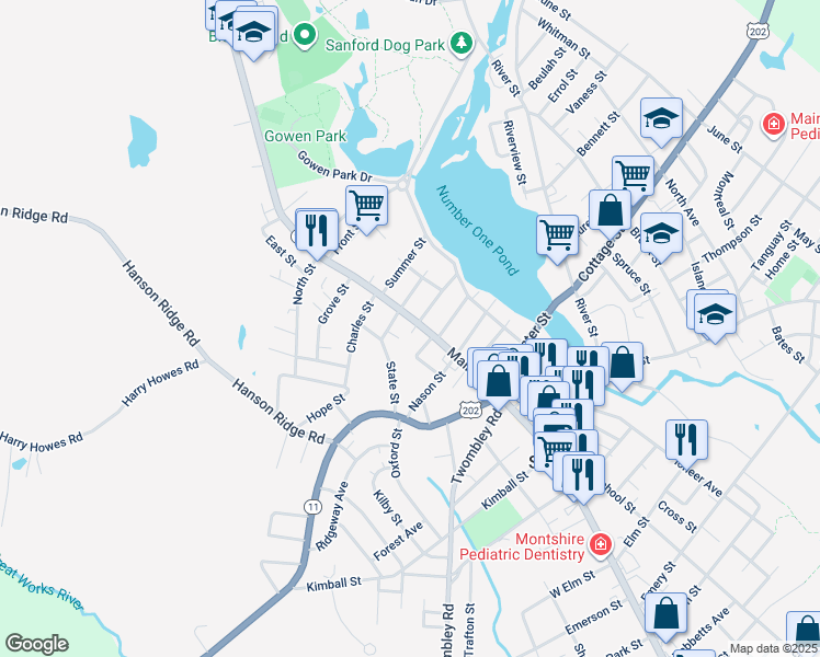 map of restaurants, bars, coffee shops, grocery stores, and more near 832 Main Street in Sanford
