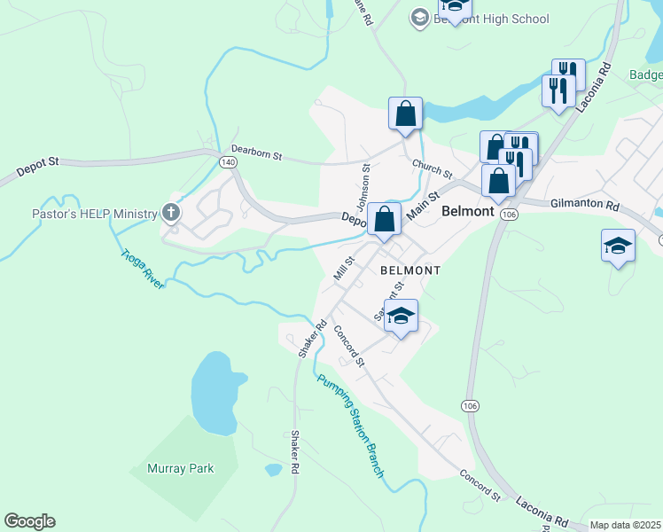 map of restaurants, bars, coffee shops, grocery stores, and more near 18 Mill Street in Belmont