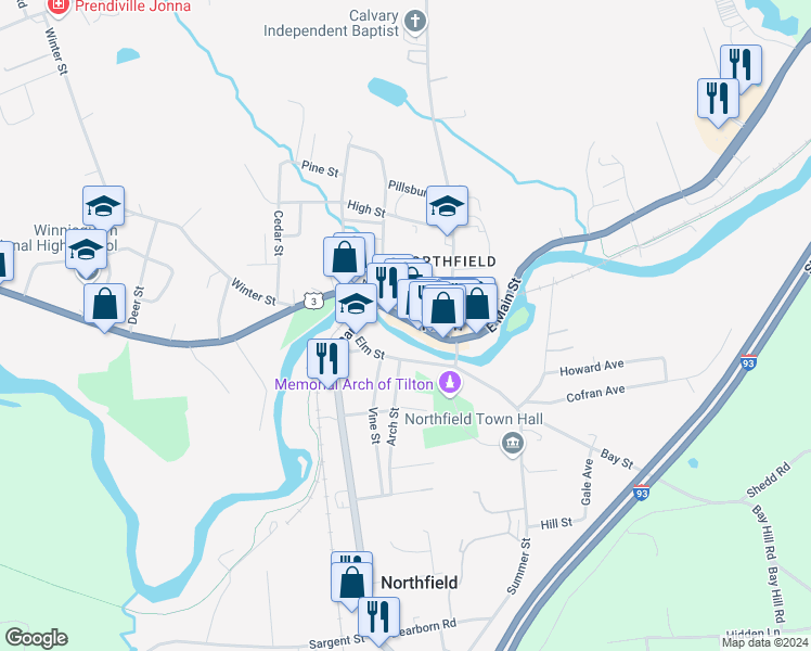 map of restaurants, bars, coffee shops, grocery stores, and more near 289 East Main Street in Tilton