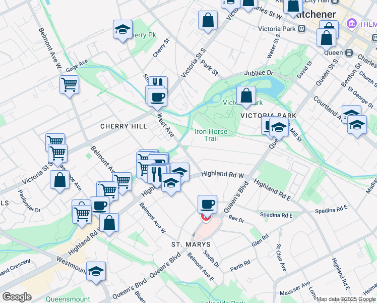 map of restaurants, bars, coffee shops, grocery stores, and more near 161 Homewood Avenue in Kitchener