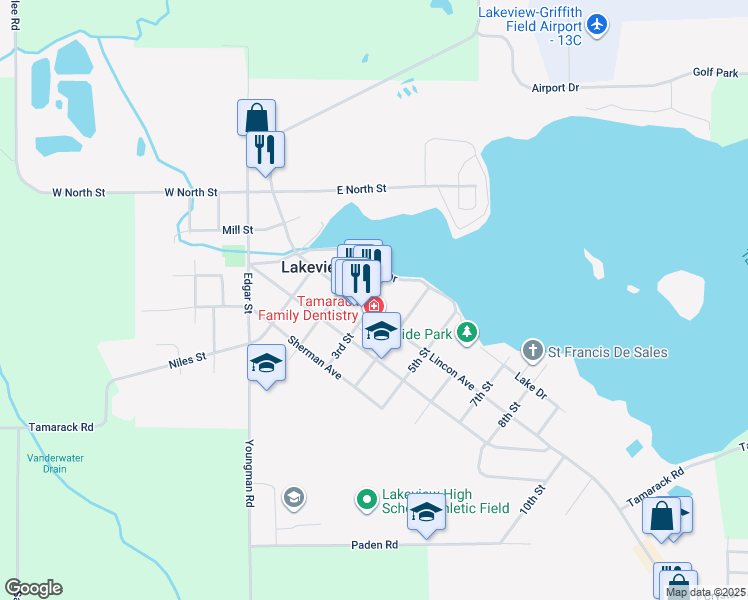 map of restaurants, bars, coffee shops, grocery stores, and more near 340 Lake Drive in Lakeview