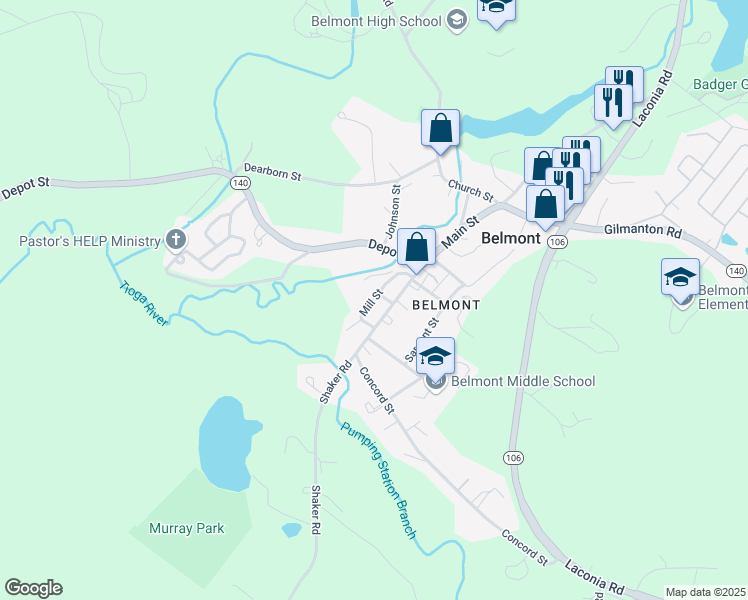 map of restaurants, bars, coffee shops, grocery stores, and more near Mill Street in Belmont