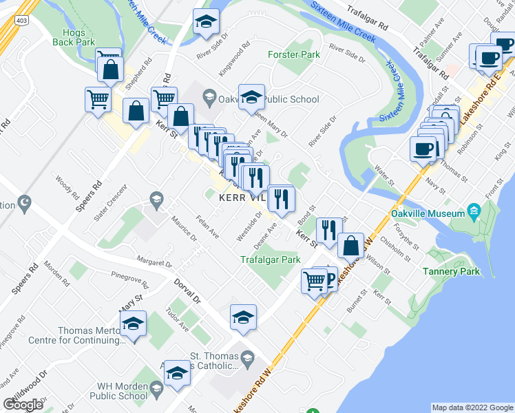 map of restaurants, bars, coffee shops, grocery stores, and more near 276 Kerr Street in Oakville