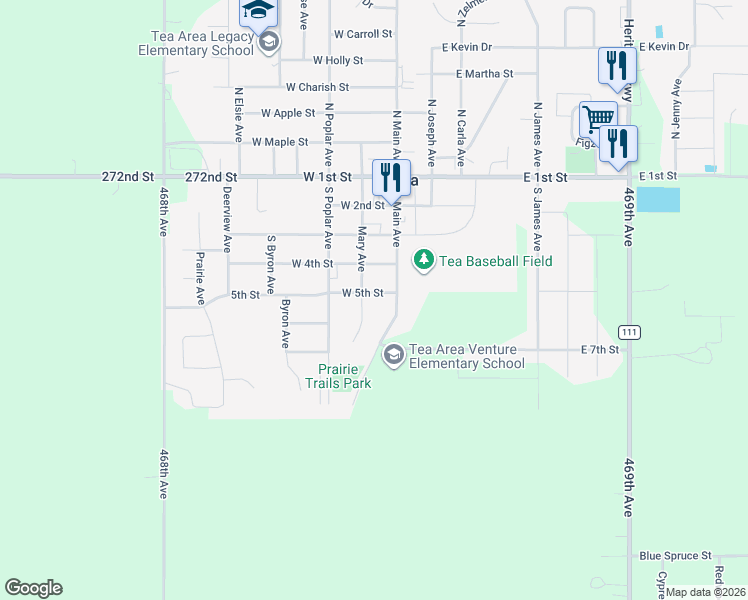 map of restaurants, bars, coffee shops, grocery stores, and more near 101-199 W 5th St in Tea