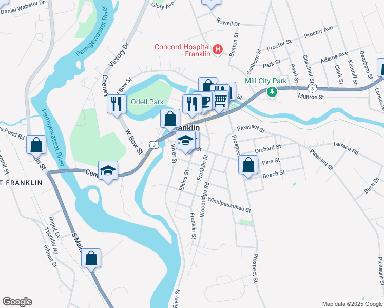 map of restaurants, bars, coffee shops, grocery stores, and more near 12 Elkins Street in Franklin