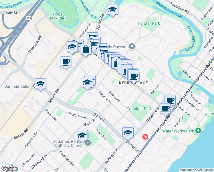 map of restaurants, bars, coffee shops, grocery stores, and more near 309 Felan Avenue in Oakville